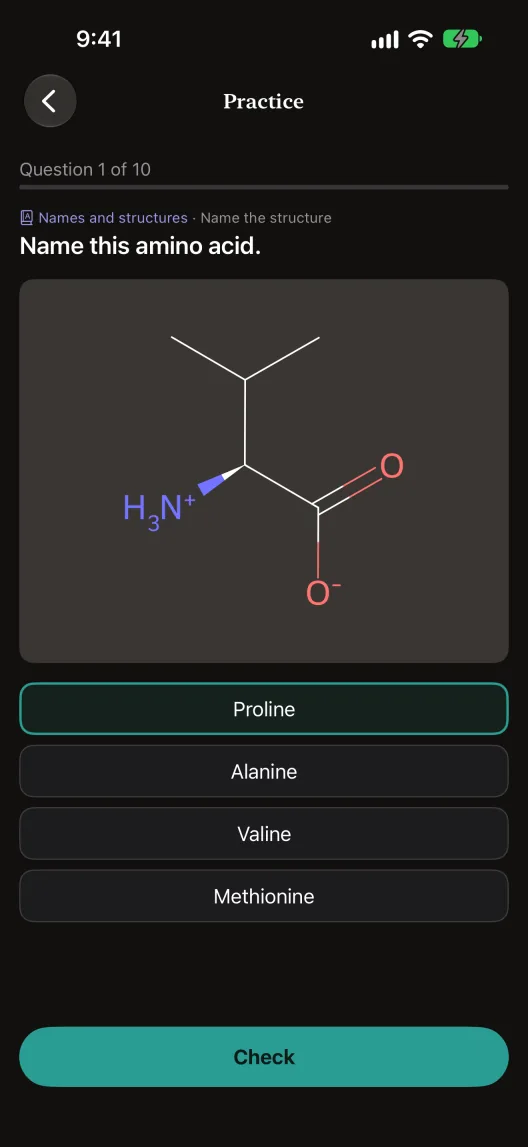A quiz question on iPhone: name the amino acid from its structure.