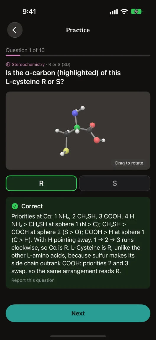 A stereochemistry question about cysteine on iPhone, with the CIP explanation.